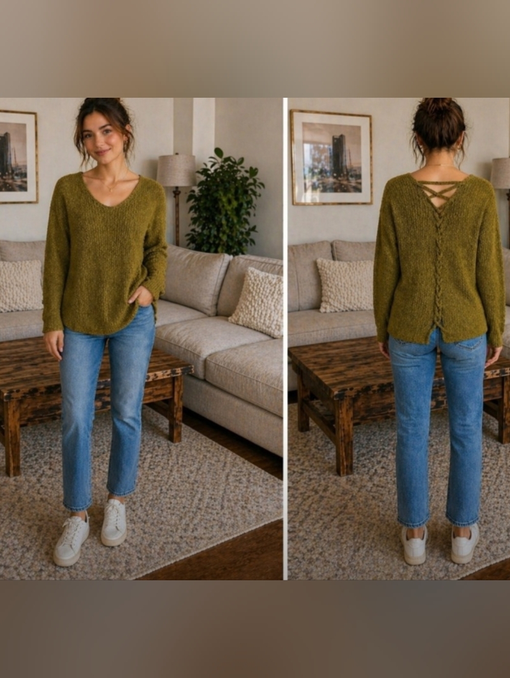 E & M Olive Green Chunky Knit Long Sleeve Sweater Back Braid Detail NWOT Small